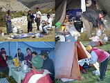 5 7 Cleaning, Cooking, Dining Tent, Morning Tea I strolled over and peaked into the kitchen, which consisted of two tents joined together, and was pleasantly surprised at how clean they kept everything. All cooking utensils, pots and pans, and dishes and cutlery were meticulously washed. Pots were soon filled with soup, vegetables and hot water and cooked over two propane stoves. The large blue mess tent was quite spacious with small metal fold-up chairs for us to sit on and three fold-up tables joined together with a tatty flowery plastic tablecloth on top. We ate our dinner together in our mess tent followed by Kumar describing the next day�s activities. In the morning, Rajin woke everybody by delivering nice warm tea to their tents, followed by hot washing water.